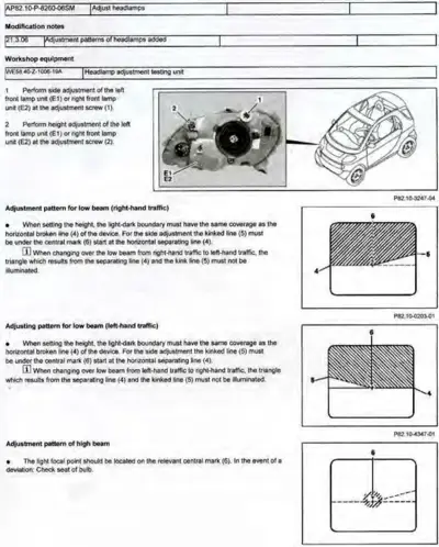Headlamp adjustment guide showing lamp unit photo with adjustment screws E1, E2 and three beam pattern diagrams for right-hand, left-hand, and high beam settings.