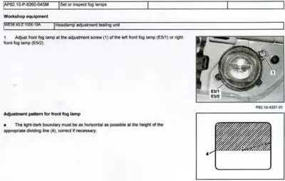 Fog lamp assembly with adjustment screw callout and light-dark boundary adjustment pattern diagram.