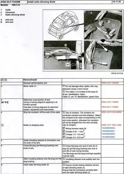 Service manual page showing radio dimming diode installation steps with vehicle diagrams and labeled connector locations.