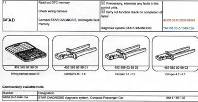 Service procedure step 11 showing DTC diagnostics, wiring harness repair kit, and three crimper tool options with part numbers.