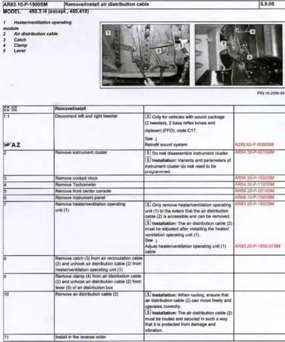 Service manual page showing air distribution cable removal steps with two black and white photos and detailed procedure table.