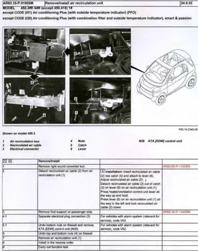 Service procedure photos showing air recirculation box, cable, connector, and control unit N26 on smart fortwo 450 chassis.