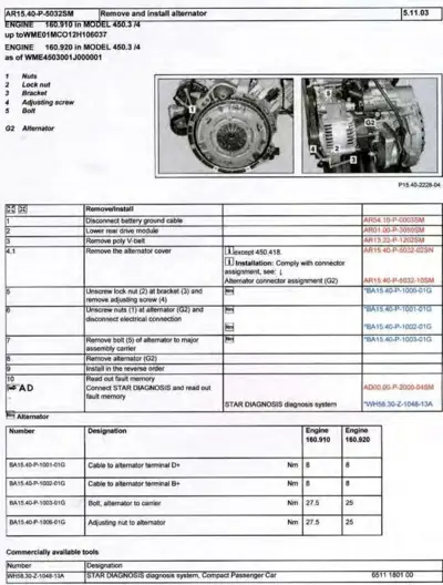 Service manual page showing alternator removal steps, two engine photographs with numbered callouts, and torque specifications table.