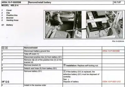 Battery removal and installation steps with labeled components including cover, clip, positive line, bracket, venting hose, and battery.