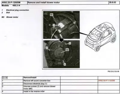 Service manual page showing blower motor location, electrical plug, and two mounting bolts with callout labels.