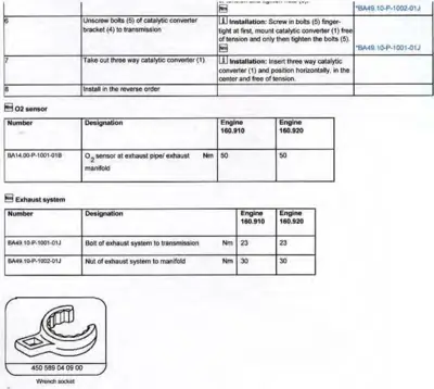 Service procedure table showing catalytic converter steps 6-8, O₂ sensor torque spec, exhaust system bolt specs, and wrench socket tool.