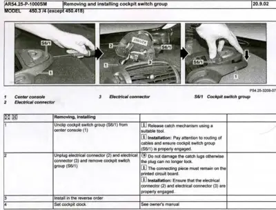 Three step-by-step photos showing cockpit switch group removal from smart fortwo center console with labeled connectors.