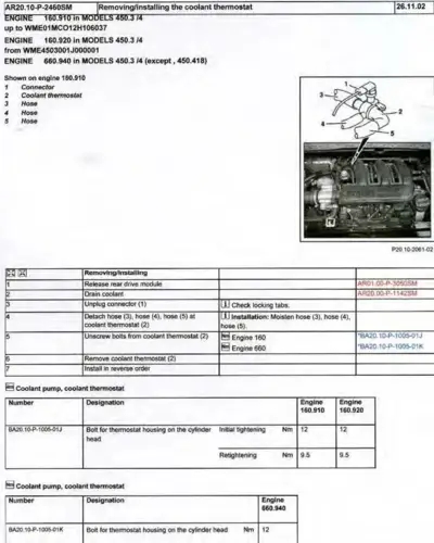 Engine coolant thermostat location and removal steps with numbered callouts and torque specifications.