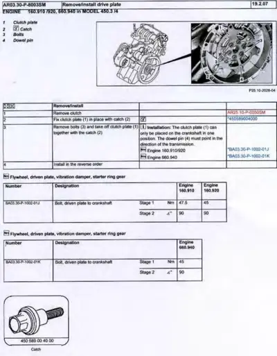 Clutch assembly diagram with numbered callouts and torque spec table for engines 160.910/920 and 660.940