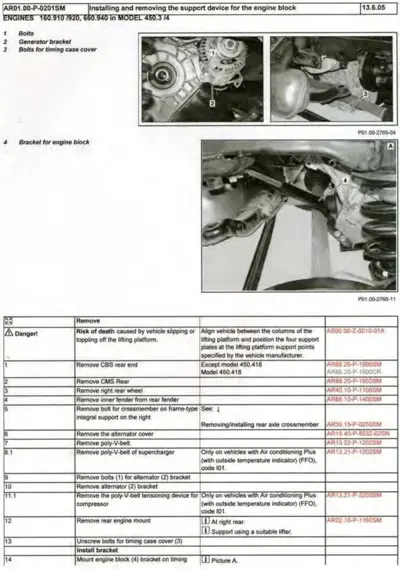 Service procedure diagrams showing generator bracket, engine block bracket installation, and removal sequence steps.
