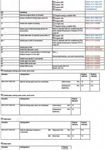 Installation checklist table with part numbers, torque specs in Newton-meters for multiple engine variants.