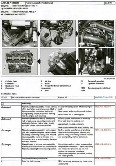 Six photos showing engine cylinder head removal steps with numbered component callouts and exploded view of cylinder head assembly.