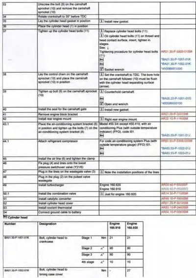Numbered service procedure table showing engine assembly steps and torque specifications chart