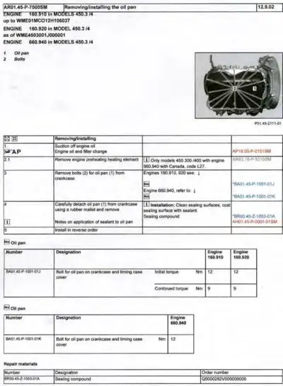 Oil pan exploded view diagram with service procedure steps and bolt torque specifications for Smart fortwo 450 chassis.