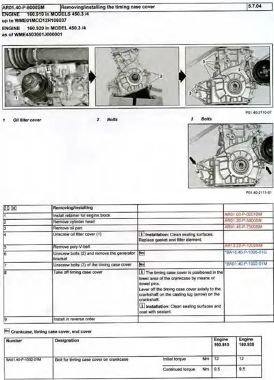 Step-by-step photos and table showing timing case cover removal with callouts for oil filter cover, bolts, and installation sequence.