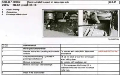 Service manual page showing numbered callouts for footrest removal steps with black and white photos.