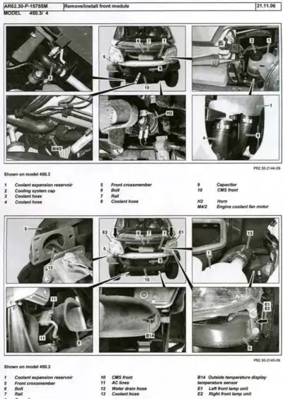 Service manual page with six photographs showing front end components and removal points for Smart fortwo 450 model.