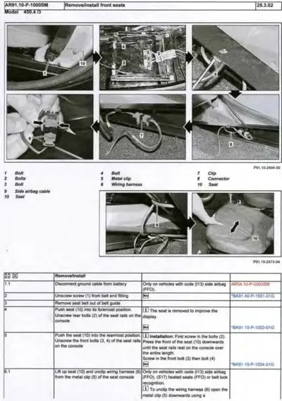 Six-panel instructional photos showing seat removal steps with callout numbers and legend table below.