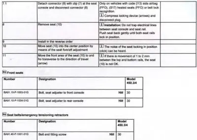 Service procedure table showing seat removal steps 7-11 with parts list for front seats and seat belts.