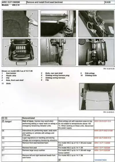 Service procedure showing six numbered steps for front seat backrest removal and installation on smart fortwo.
