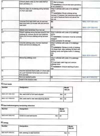 Service manual table showing seat removal steps 5-14 with torque specs and airbag/seatbelt part numbers