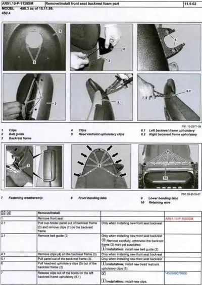 Service manual page showing disassembly steps for front seat backrest foam component with callout diagrams and procedural table.