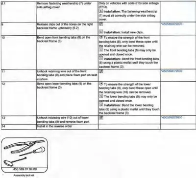 Service procedure table for backrest frame disassembly with numbered steps and part numbers