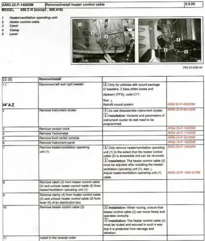 Service manual page showing heater control cable removal steps with two technical photos and detailed procedure table.