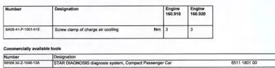 Torque specification table showing screw clamp of charge air cooling at 3 Nm for two engine variants.
