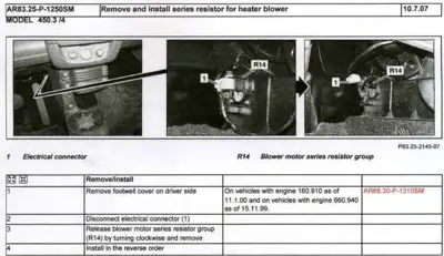 Three photographs showing blower resistor location and electrical connector on dashboard with numbered callouts.