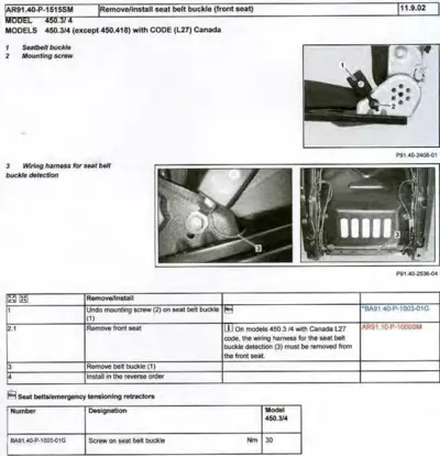 Service manual page showing seat belt buckle removal steps with numbered callouts and wiring harness diagrams.