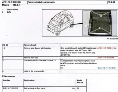 Diagram showing seat console component location and bolt removal steps for Smart fortwo models 450 and 451.