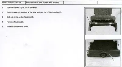 Service procedure showing seat drawer extraction and housing disassembly with two detail photos.