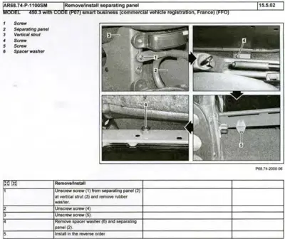 Four photo panels showing screws, vertical strut, separating panel, and spacer washer removal steps on smart fortwo 450.