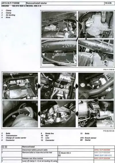 Nine labeled photographs showing starter removal steps with callouts for clamps, ducting, bolts, and connectors.