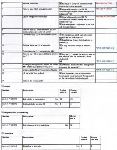 Service procedure table with numbered steps 6-17 for engine component removal and installation, plus torque spec tables.