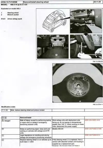Steering wheel removal steps showing wrench socket, airbag squib, and contact unit housing assembly.