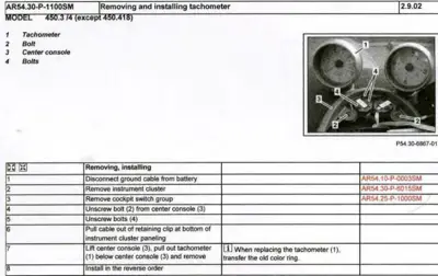 Service manual page showing tachometer removal steps with center console photo and detailed procedure table.