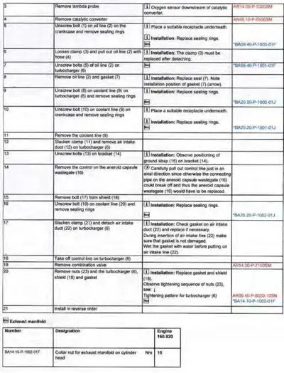 Service procedure table showing numbered steps for turbocharger disassembly, removal, and reassembly with callouts and part references.