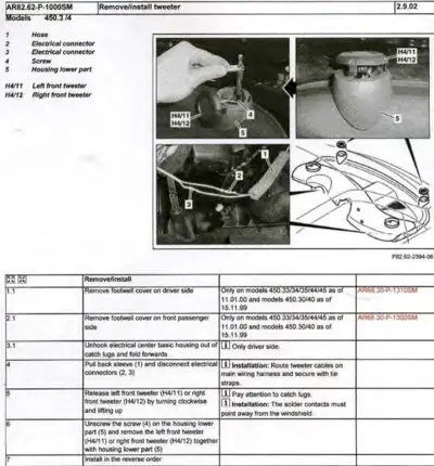 Service manual page showing tweeter removal procedure with photographs and numbered callouts for smart fortwo.