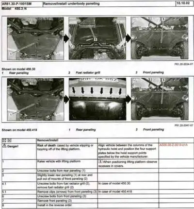 Underbody paneling removal steps with three photos and instructions table for Smart fortwo models 450.30 and 450.41B.