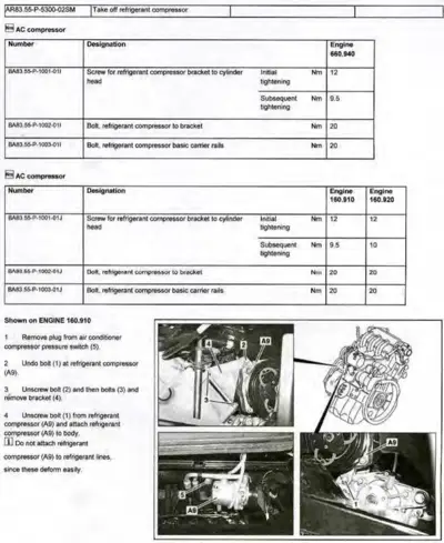 Service manual page showing AC compressor removal steps, torque specs table, and four labeled engine compartment photos.