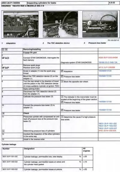 Service manual page showing cylinder leak inspection steps with three photographs and detailed procedure table