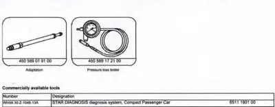Two fuel system test tools with part numbers and a table of commercially available diagnostic equipment.