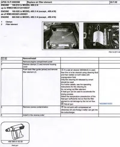 Service manual page showing air filter replacement steps with photos and table instructions for smart 450 chassis.