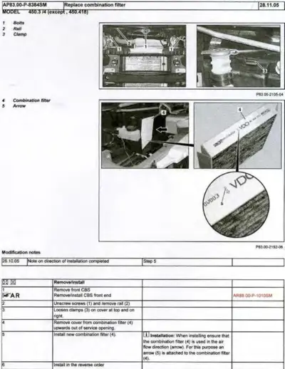 Service manual page with four photographs showing combination air filter location and installation process, numbered callouts 1-5.