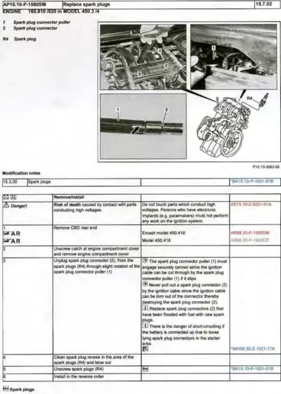 Engine spark plug replacement guide showing connector puller tool, spark plug connector, and plug location on 450 model.