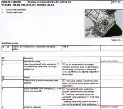 Service manual page showing crankshaft radial seal removal and installation steps with engine diagram.