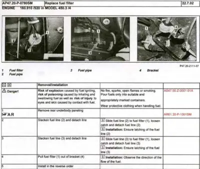 Fuel filter replacement service procedure with three engine bay photos and installation instructions.