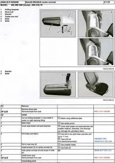 Service manual page showing BRABUS center armrest retrofit assembly components and installation instructions for Smart fortwo.